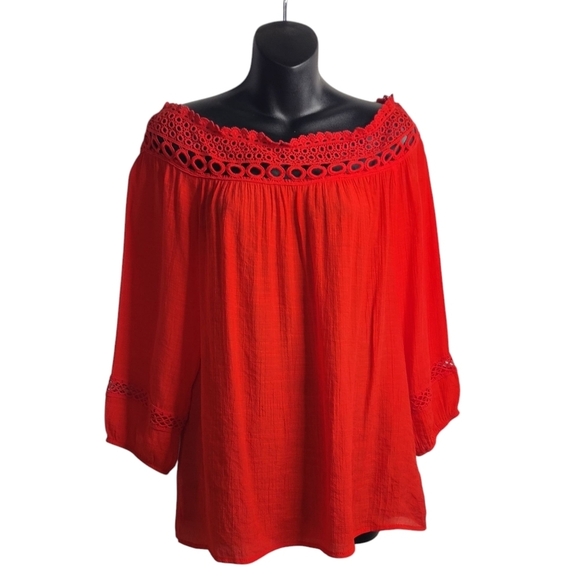 Tops - AGB Women's Red Off the Shoulder Embroidered 3/4 Sleeves Top Blouse Size Small